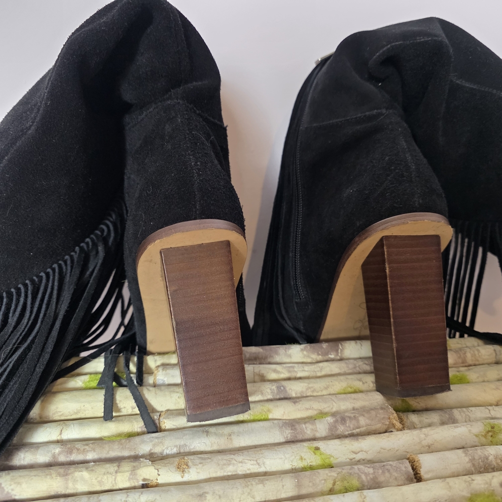 Jessica Simpson Asire Black Suede Fringe Knee High Boots 7.5 Block Heel Western - Picture 4 of 14